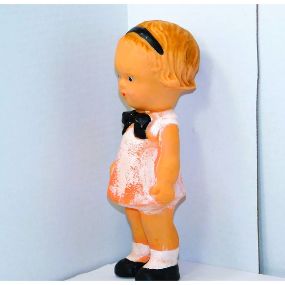 8" Vintage Rubber Girl with Pink Dress & Black Bow, Headband & Shoes - Picture 5 of 7